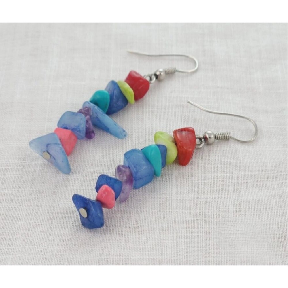 Boho Rainbow Gemstone Chip Dangle Earrings Multi Color Stacked Stone Drop Hook